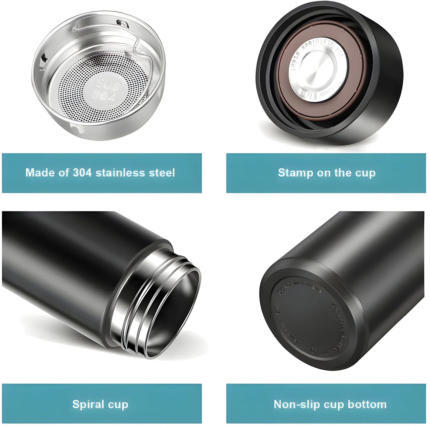 Features of Your Brand smart insulated water bottle with temperature display showing stainless steel construction and design details