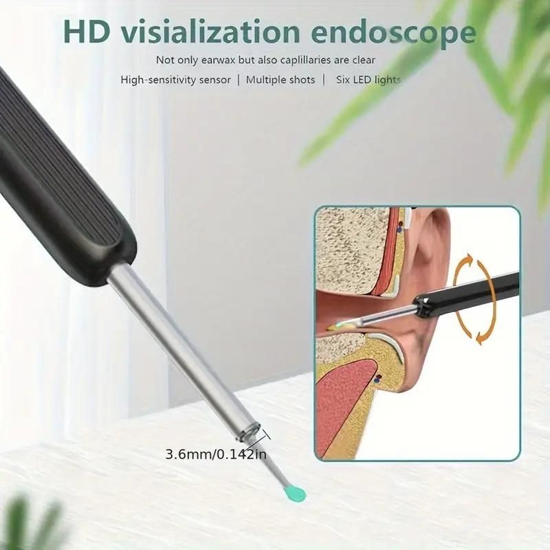 HD visualization endoscope with a probe for smart visual ear wax cleaner use, showing ear canal detail