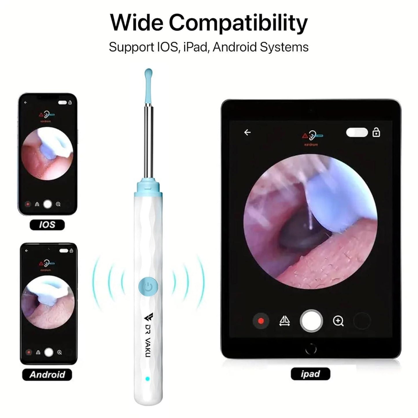 Smart visual ear wax cleaner showing compatibility with iOS and Android devices for easy ear cleaning
