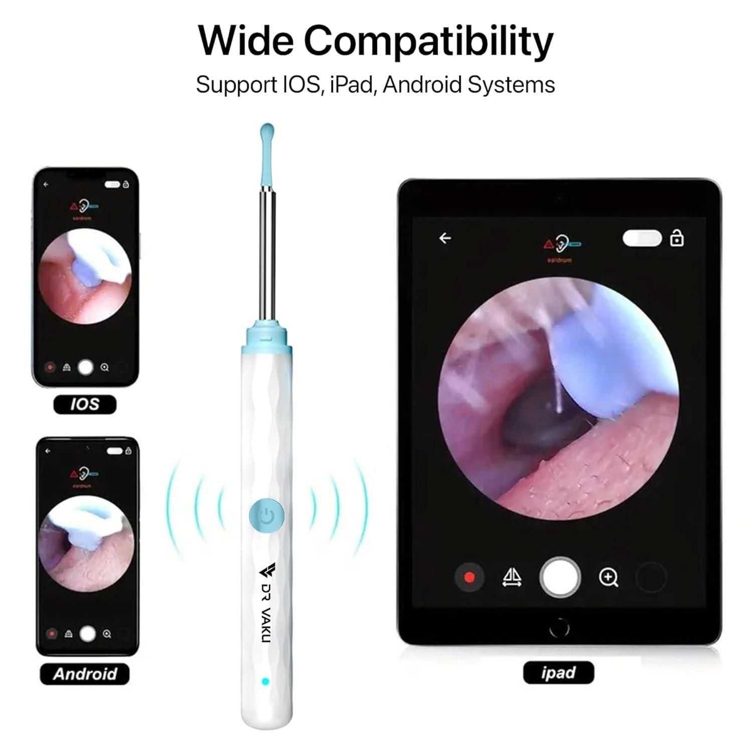 Smart visual ear wax cleaner showing compatibility with iOS and Android devices for easy ear cleaning