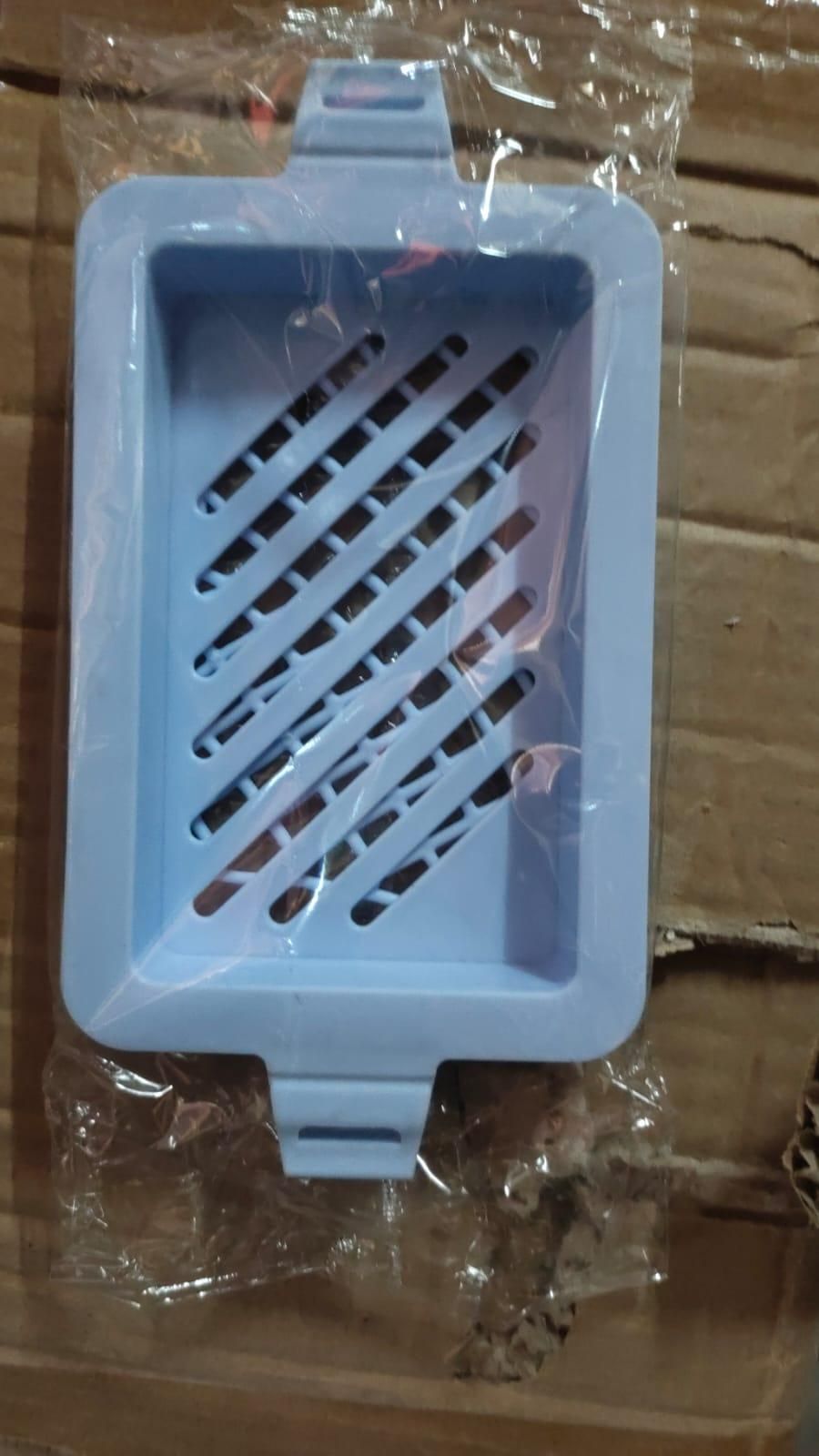 Light blue soap mesh holder with drainage design for keeping soap dry and organized in the bathroom
