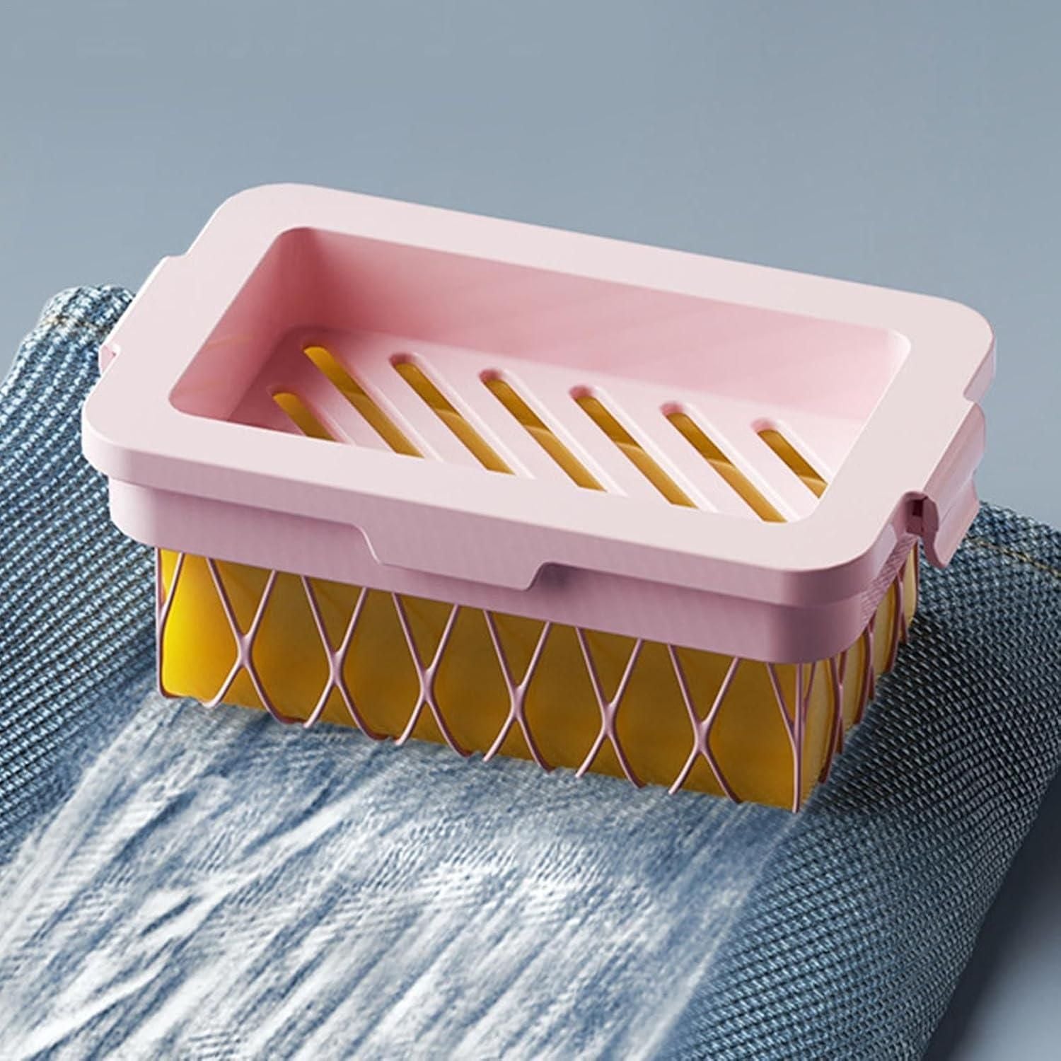 Pink and yellow soap mesh holder with drainage holes for convenient soap storage