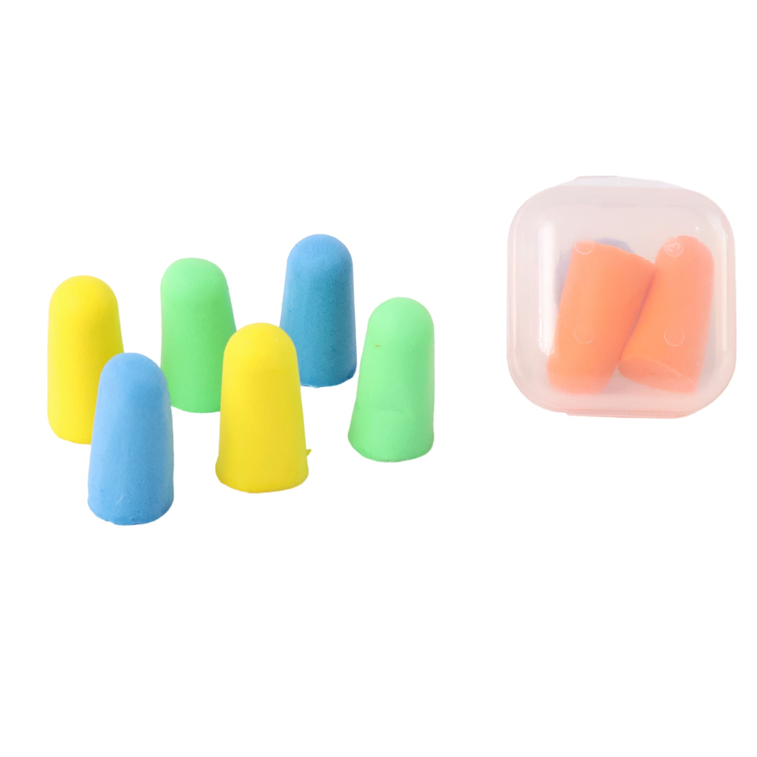 Colorful soft foam noise cancelling earplugs in a case for effective sound blockage