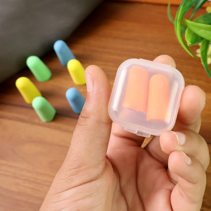 Soft foam noise cancelling earplugs in a travel case, perfect for blocking sound in noisy environments