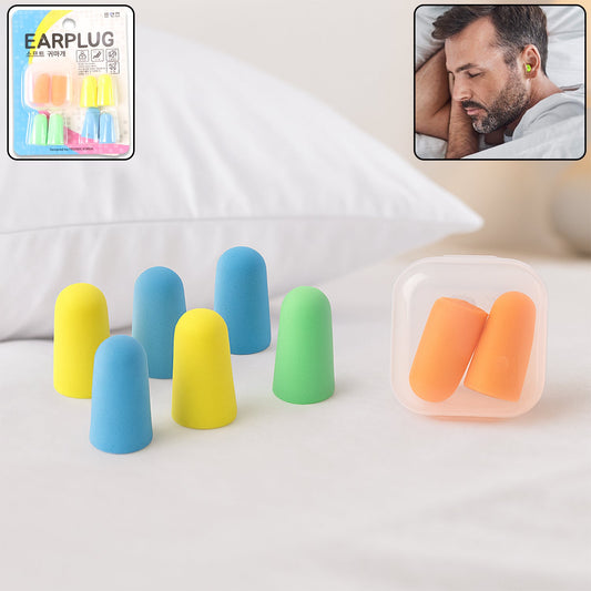 Colorful soft foam noise cancelling earplugs in storage case for improved sleep and comfort
