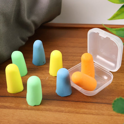 Colorful soft foam noise cancelling earplugs in a case for effective sound protection and comfort