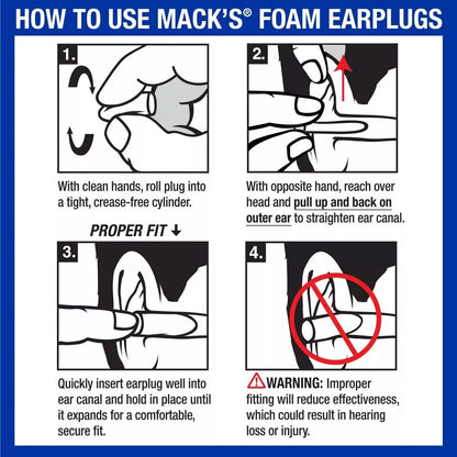 Instructions for using Mack's soft foam noise cancelling earplugs for a proper fit and comfort