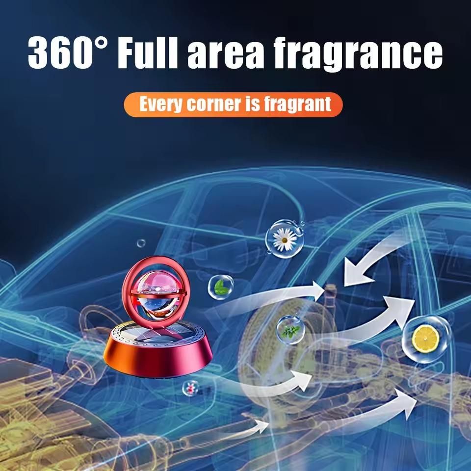 Solar car perfume diffuser providing 360-degree fragrance coverage for an aromatic driving experience