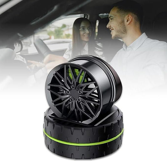 Solar powered car air freshener designed like a stylish tire rim for an enhanced driving experience