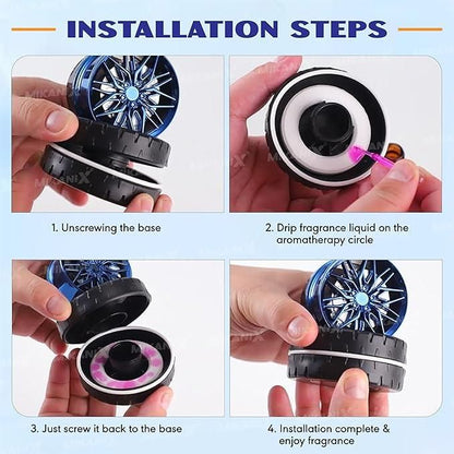 Installation steps for solar powered car air freshener showing how to fill and assemble
