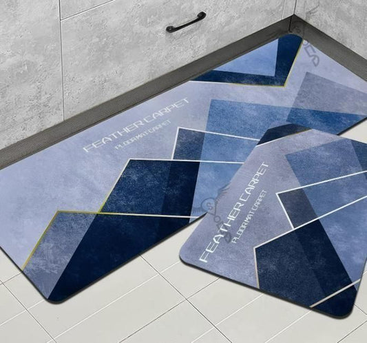 THE GIR FARMER rubber floor mat with geometric pattern in blue and gray tones placed on tile floor
