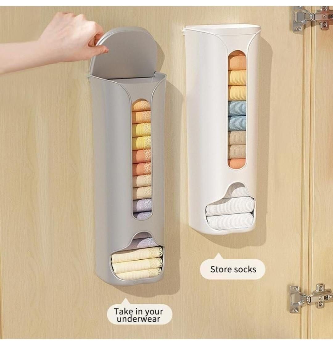 Space saving wall storage by THE GIR FARMER in gray and white holding folded socks and underwear
