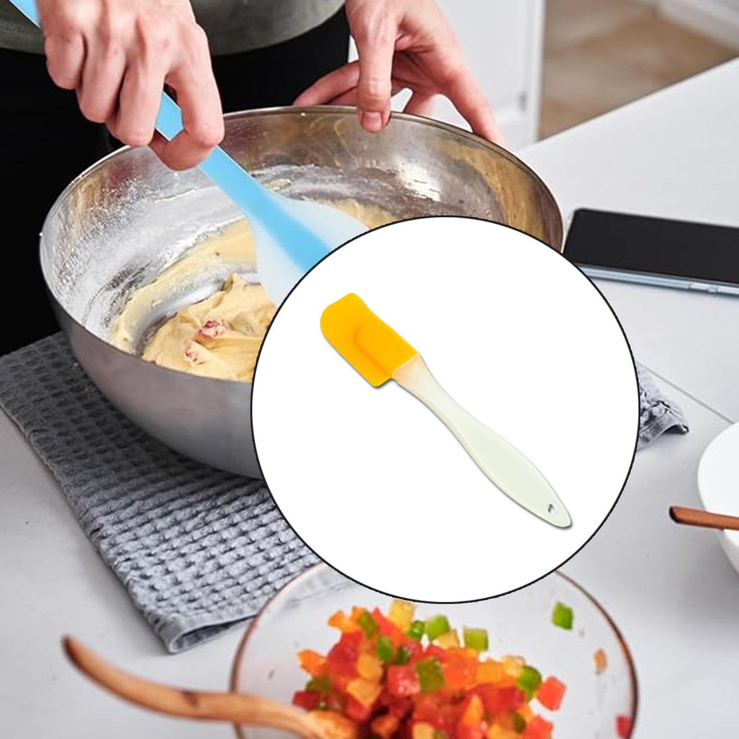 Silicone Spatula in Blue and Orange for Mixing and Baking in the Kitchen