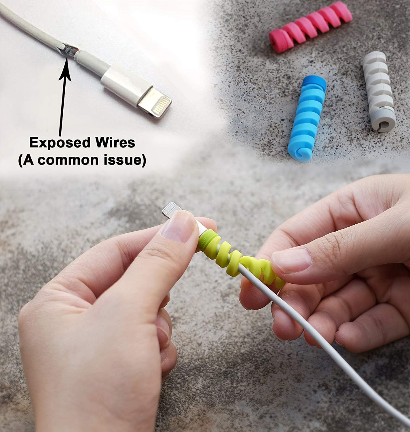 Spiral charger cable protector in various colors applied to prevent exposed wires on charging cables