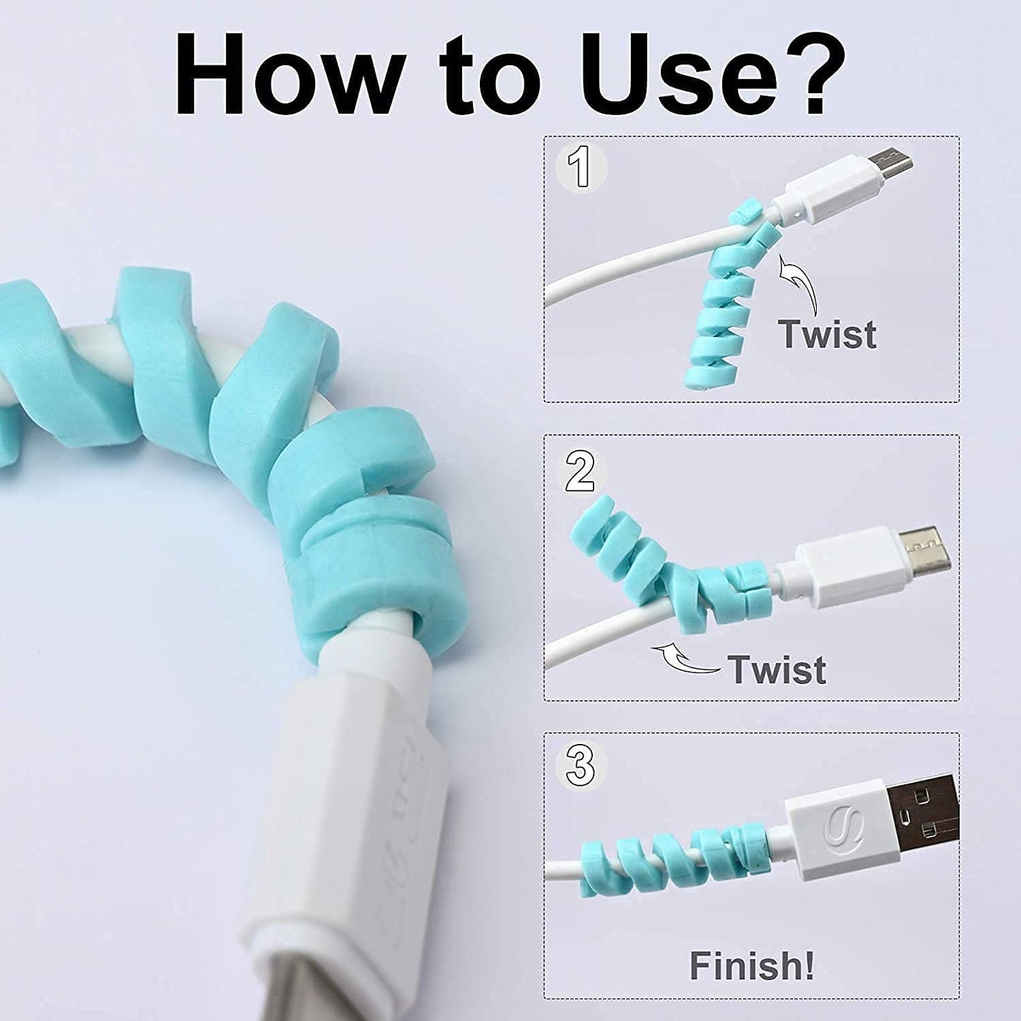 Spiral charger cable protector demonstrating easy installation steps for cable management