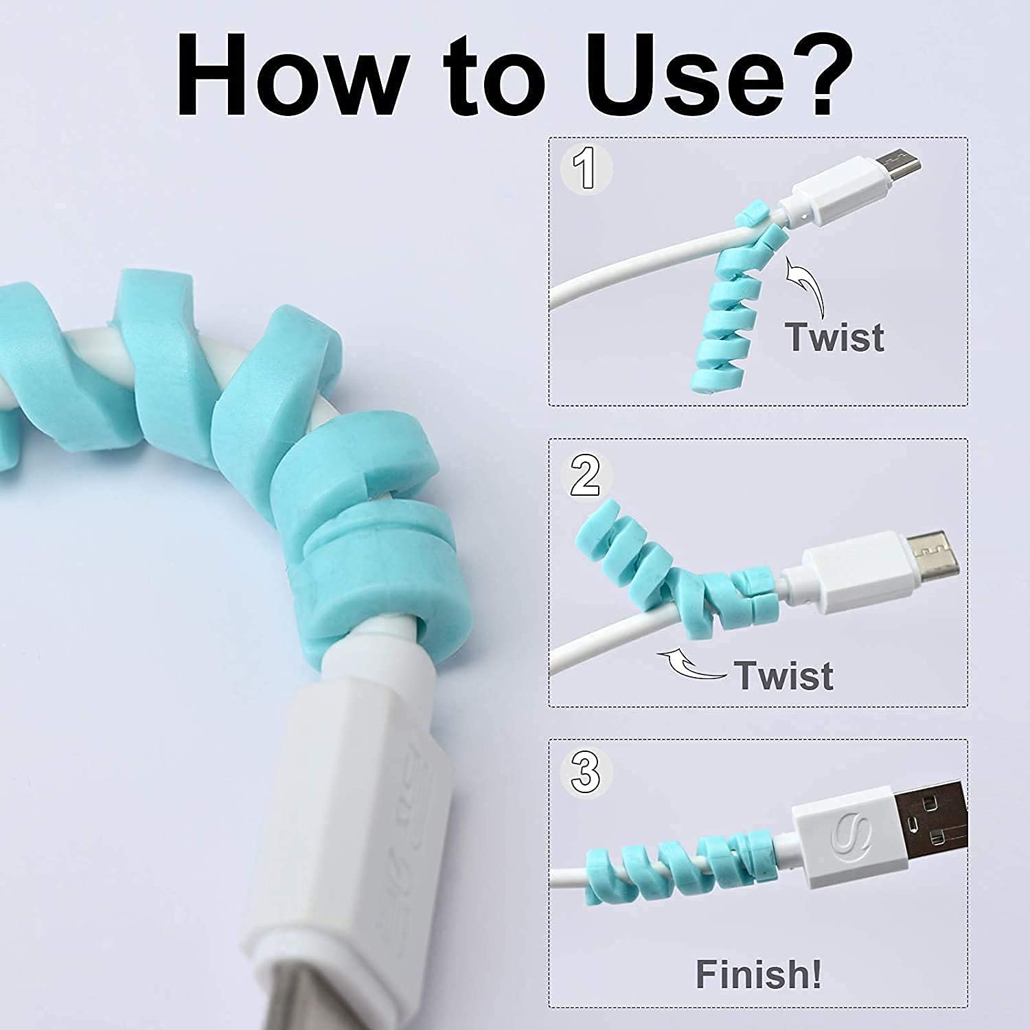 Spiral charger cable protector demonstrating easy installation steps for cable management
