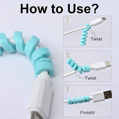 Spiral charger cable protector demonstrating easy installation steps for cable management