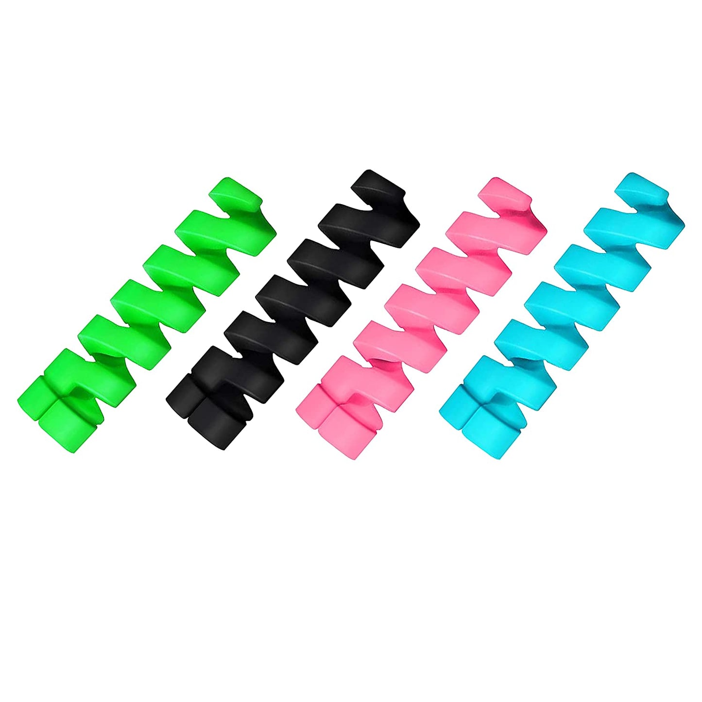 Spiral charger cable protector in green, black, pink, and blue to prevent cable damage and tangling