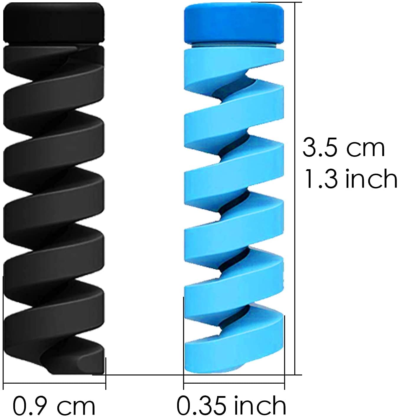 Spiral charger cable protector in black and blue, designed to prevent wear and tear on cables