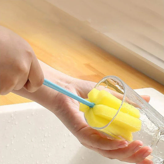 Ergonomic sponge head kitchen cleaning tool for reaching inside glasses and dishes easily