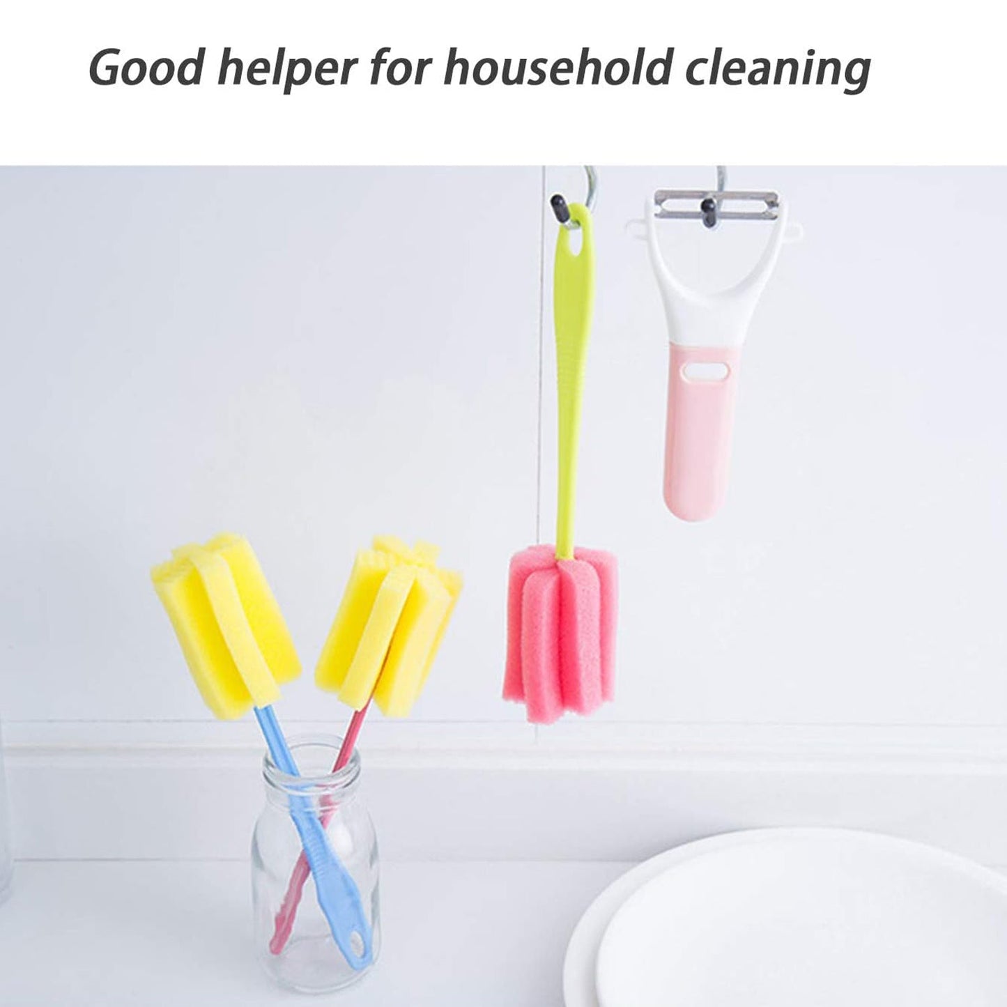 Brightly colored sponge head kitchen cleaning tool set for effective household cleaning