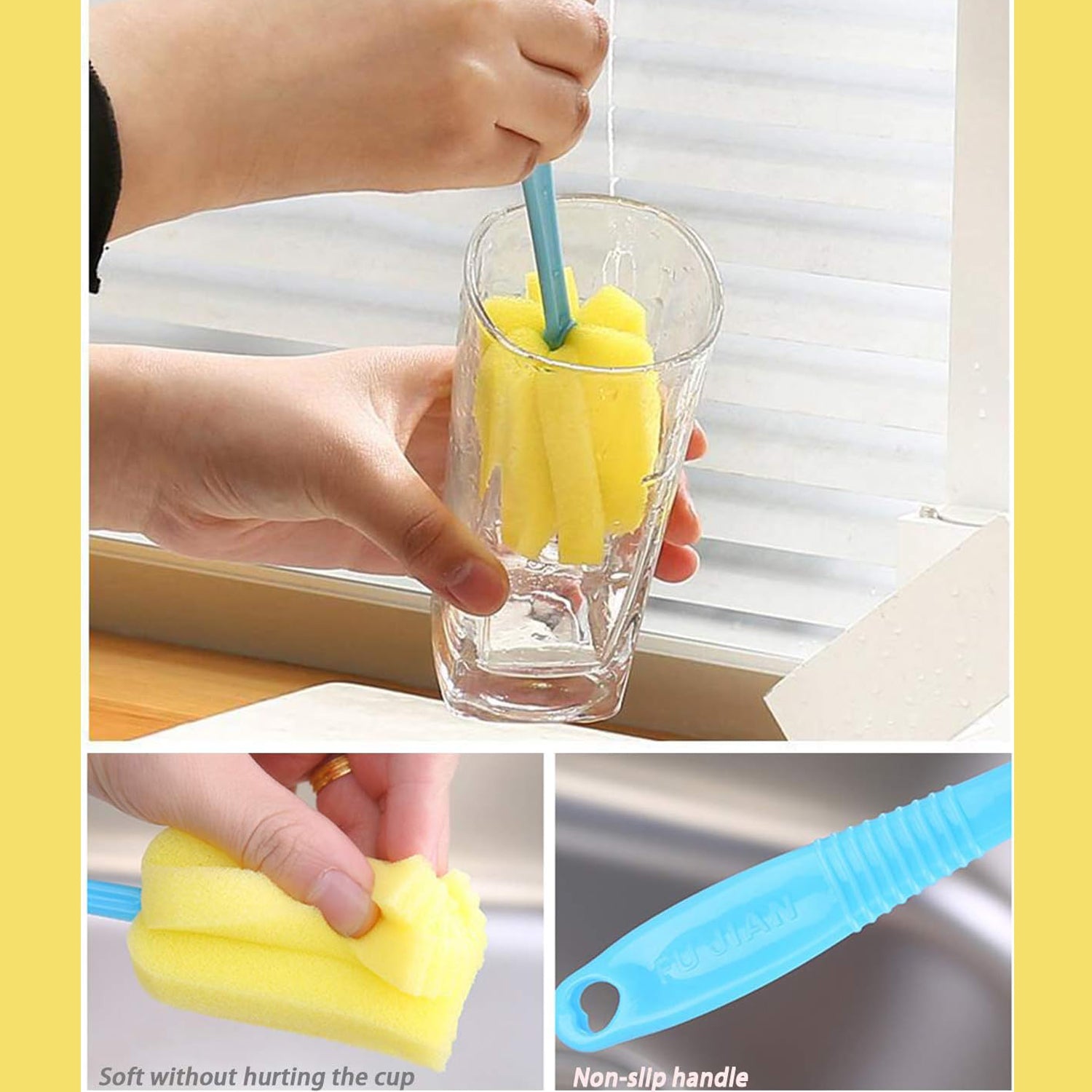 Sponge head kitchen cleaning tool with non-slip handle for effective glass cleaning