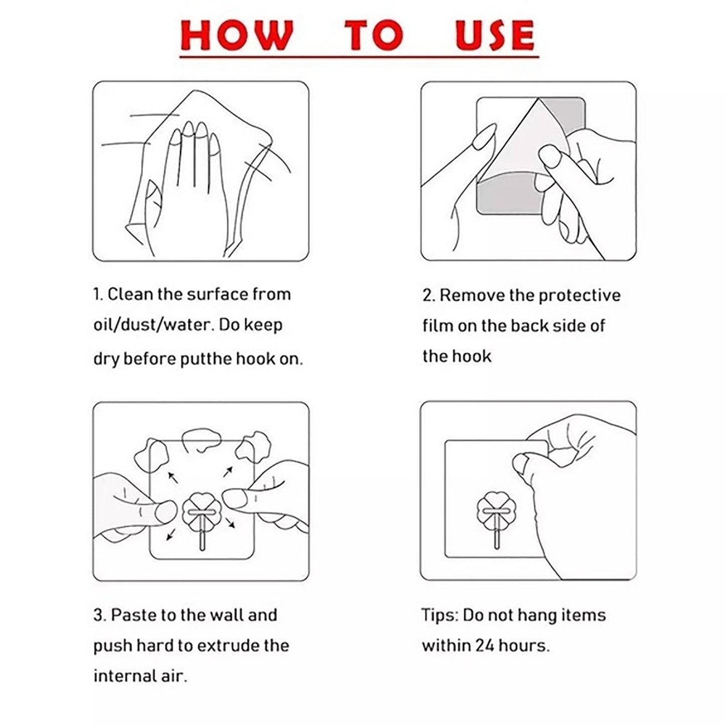 Instruction guide for using stainless steel adhesive wall hooks showing four easy steps