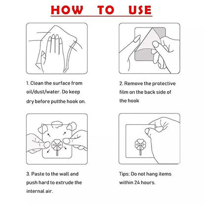 Instruction guide for using stainless steel adhesive wall hooks showing four easy steps
