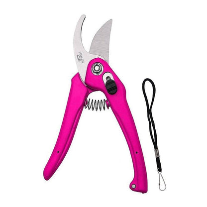 Your Brand Stainless Steel Garden Scissors in bright pink with ergonomic grip and safety lock