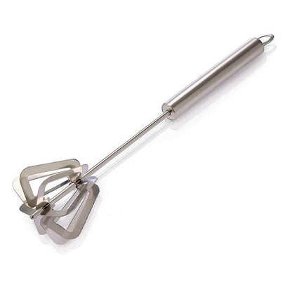 Stainless steel hand blender with ergonomic handle and unique whisk design for kitchen use