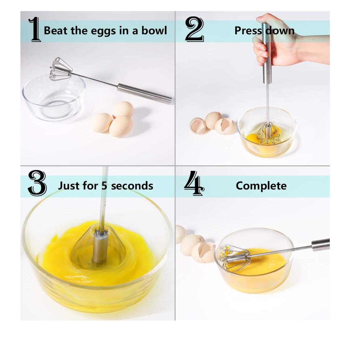 Step-by-step use of stainless steel hand blender beating eggs in a glass bowl by DeoDap