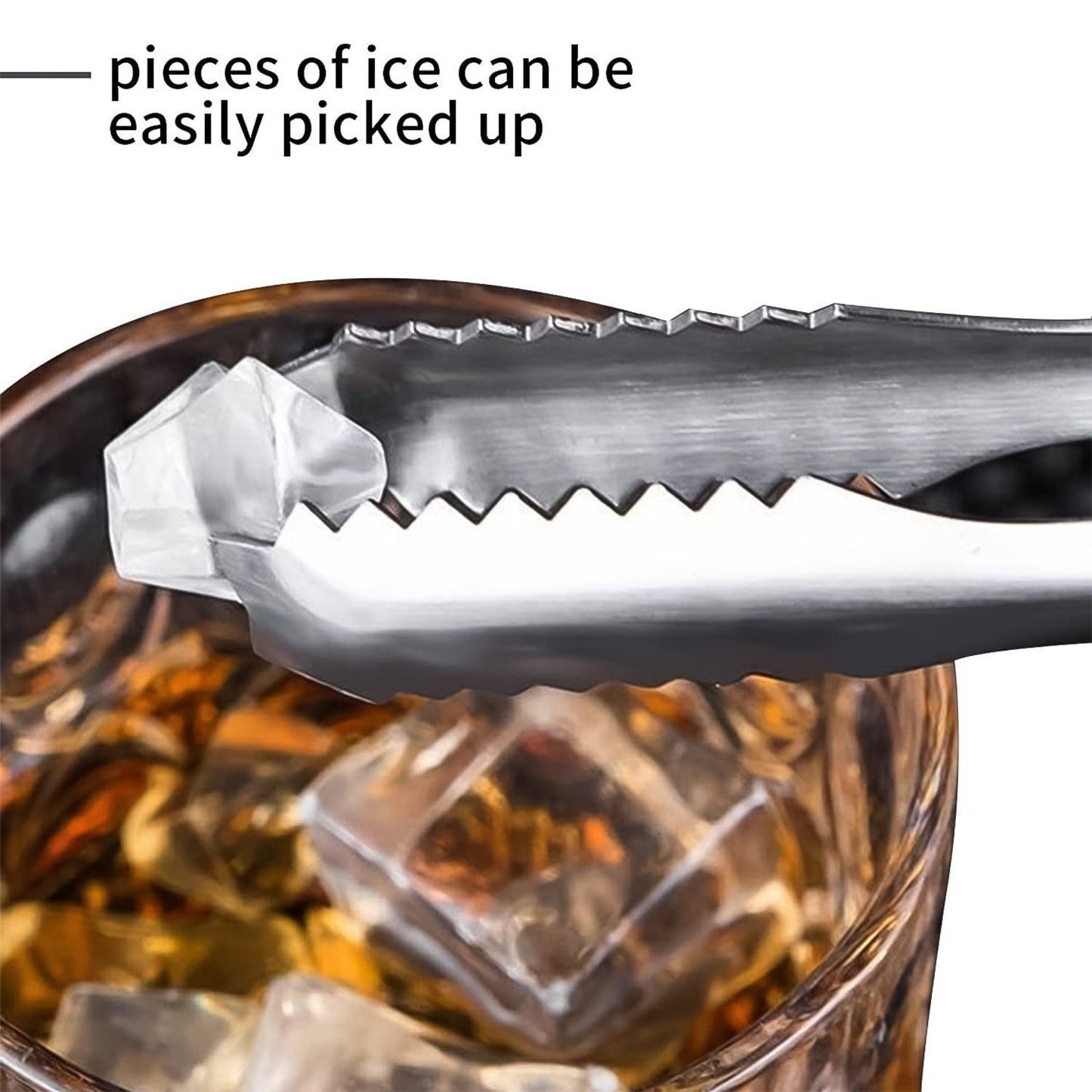 Stainless steel ice cube tong designed for easily picking up ice pieces from drinks