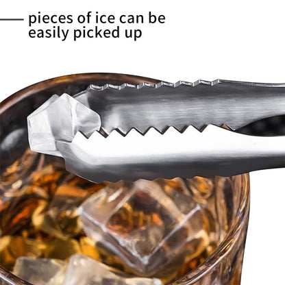 Stainless steel ice cube tong designed for easily picking up ice pieces from drinks
