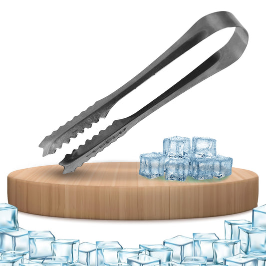 Stainless steel ice cube tong positioned above a wooden cutting board with ice cubes