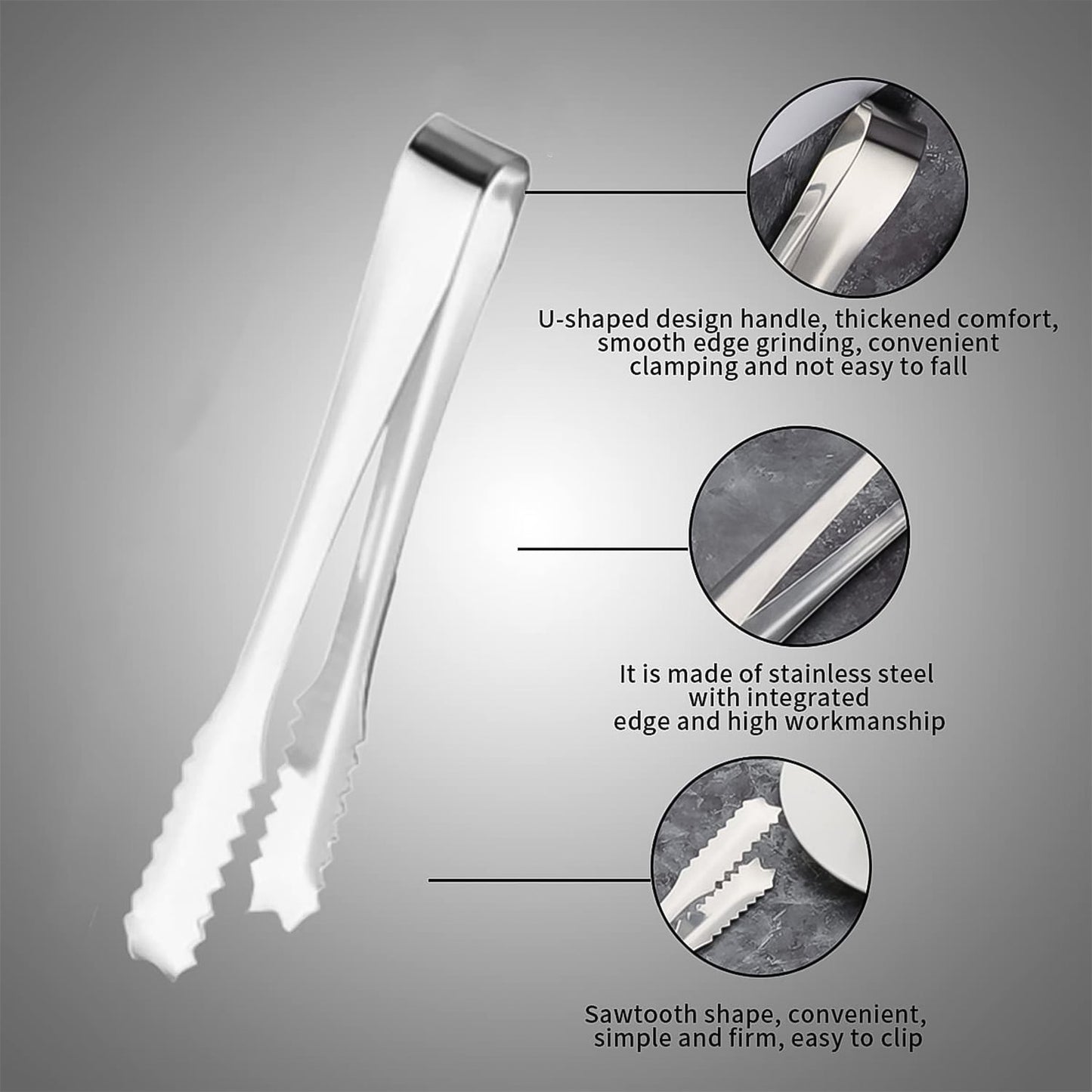 Your Brand stainless steel ice cube tong with U-shaped handle and sawtooth design for easy gripping