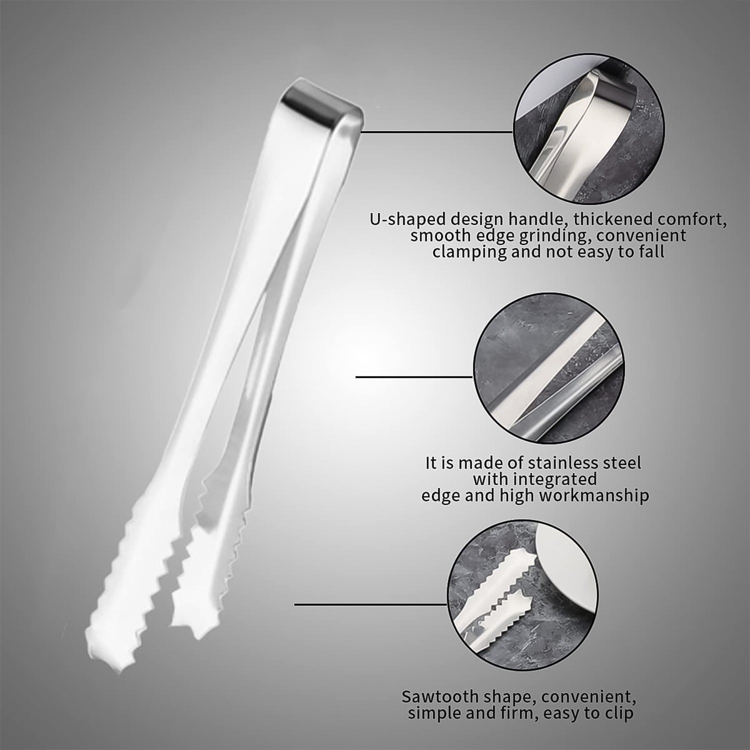 Your Brand stainless steel ice cube tong with U-shaped handle and sawtooth design for easy gripping