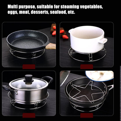 THE GIR FARMER stainless steel pot rack shown holding various cooking pots and pans for steaming vegetables and meat