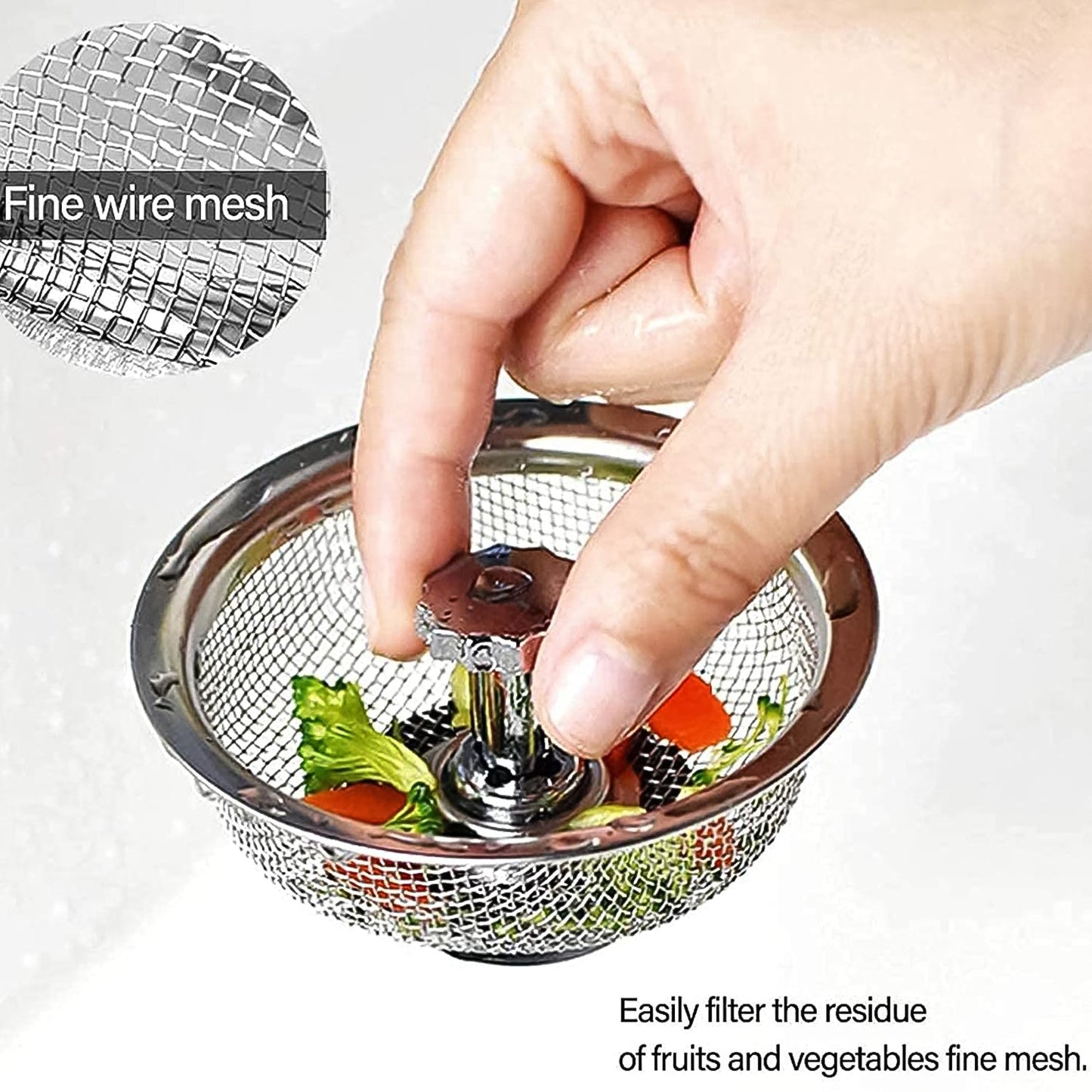 Stainless steel sink strainer with fine mesh for filtering food residue while washing fruits and vegetables