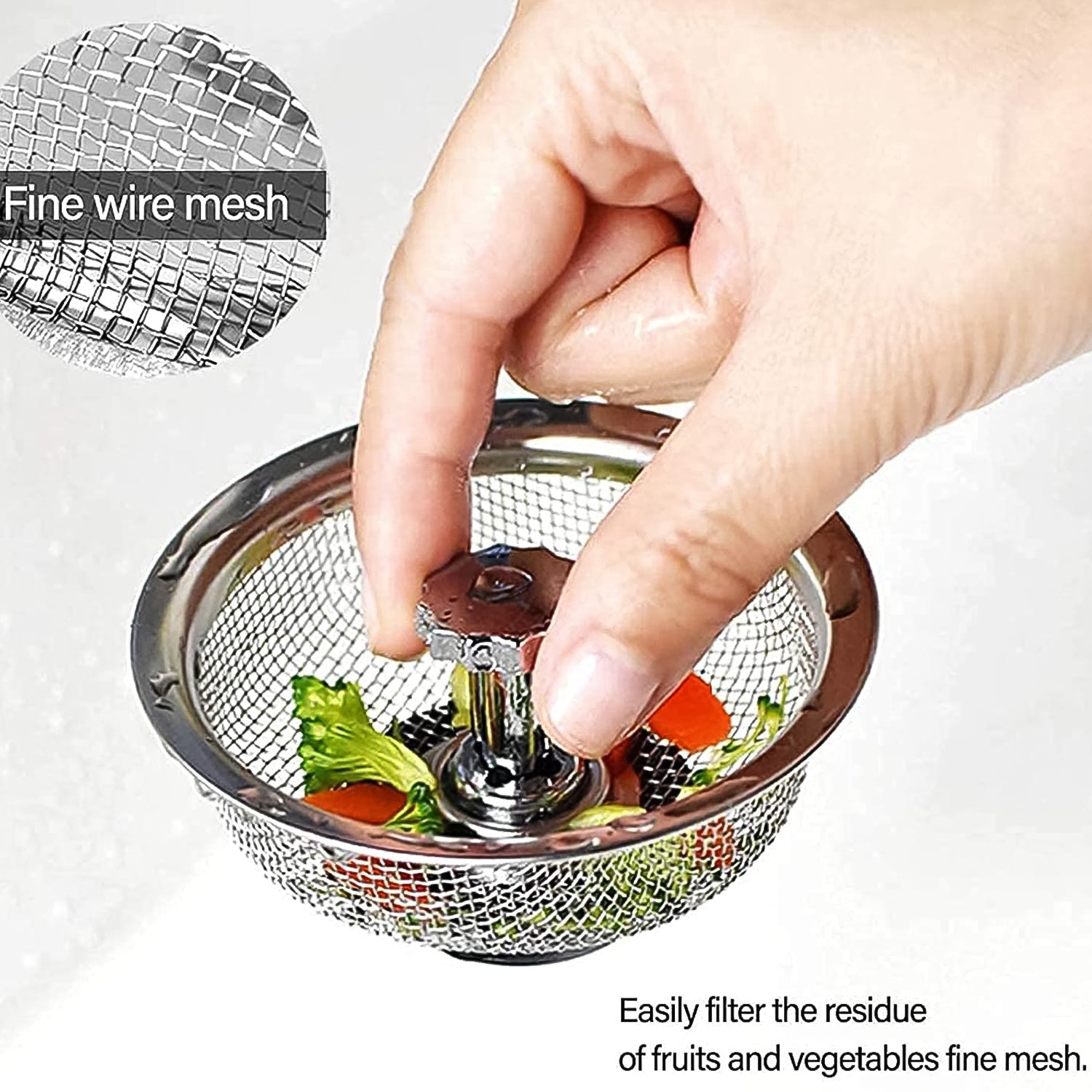 Stainless steel sink strainer with fine mesh for filtering food residue while washing fruits and vegetables
