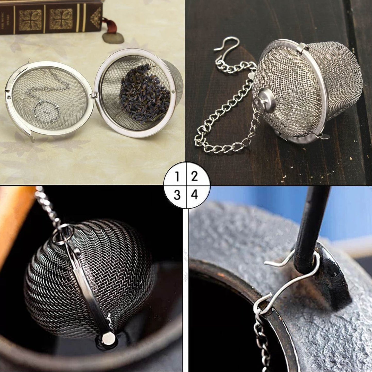 Your Brand stainless steel tea filter with a fine mesh design and chain for easy hanging in teapots