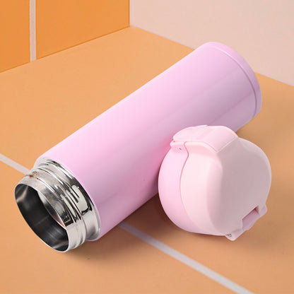 Wukusy stainless steel vacuum water bottle in pink color with a secure cap, perfect for keeping drinks hot or cold