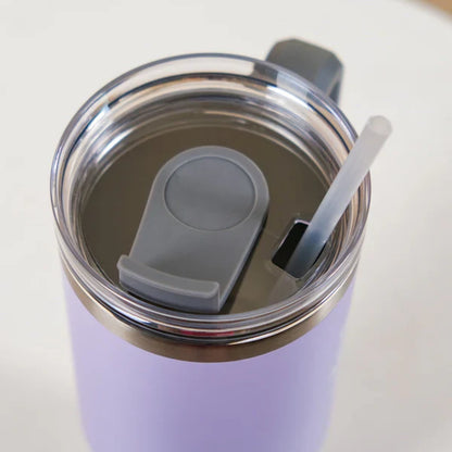 The Gir Farmer lavender insulated sipper bottle with straw clear flip lid handle and stainless rim