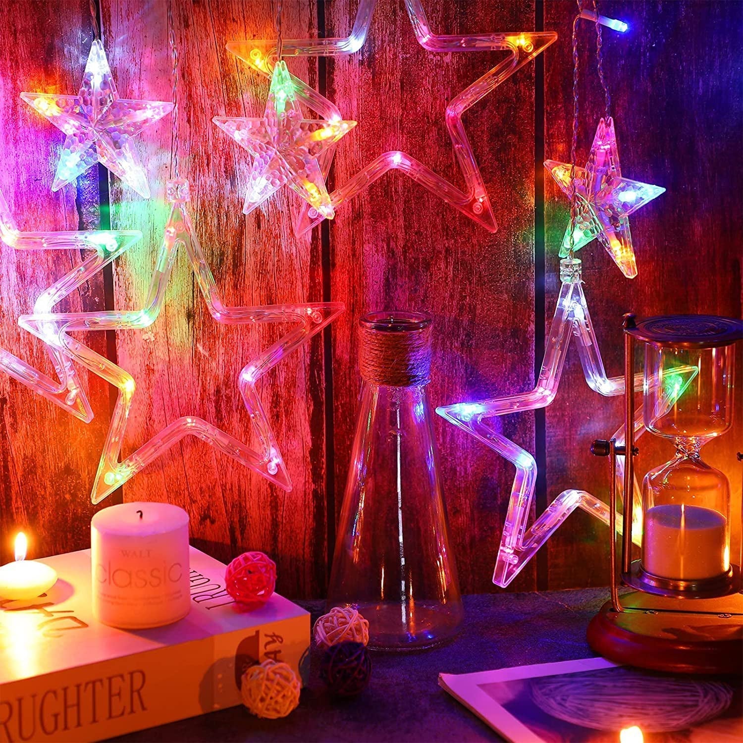 12 Stars LED Curtain String Lights with 8 Flashing Modes for Home Decoration, Diwali & Wedding LED Christmas Light Indoor and Outdoor Light ,Festival Decoration (Multicolor / With Box) Your Brand
