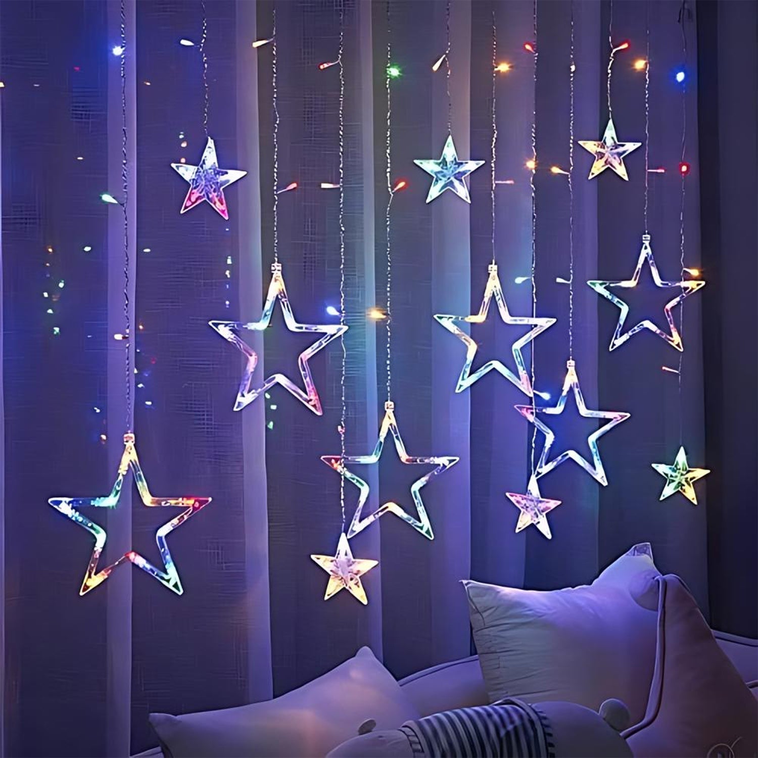 12 Stars LED Curtain String Lights with 8 Flashing Modes for Home Decoration, Diwali & Wedding LED Christmas Light Indoor and Outdoor Light ,Festival Decoration (Multicolor / With Box) Your Brand