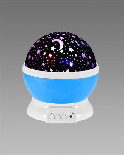 Star master galaxy projection lamp with blue base and star and moon patterns projecting colorful lights