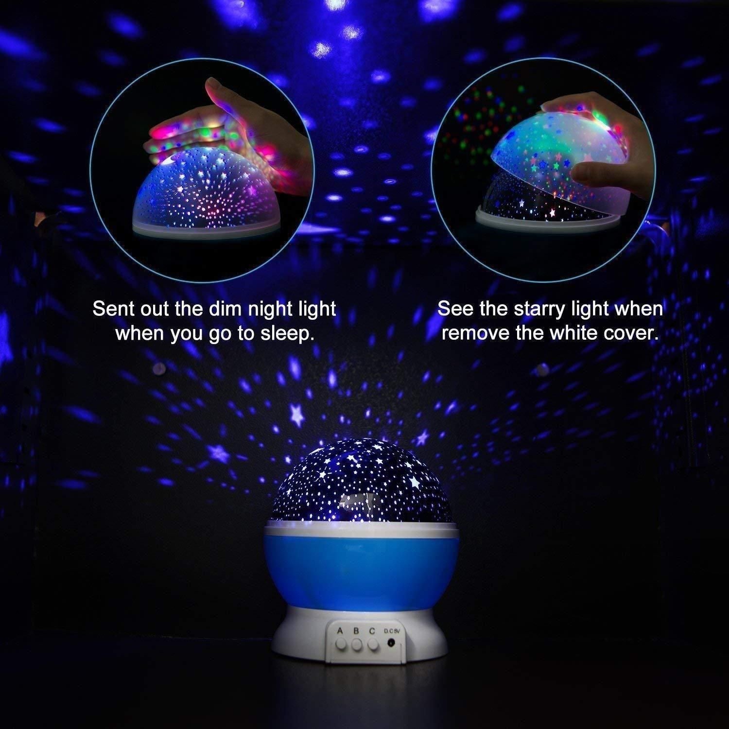 Star master galaxy projection lamp showing colorful starry light projections with removable white cover