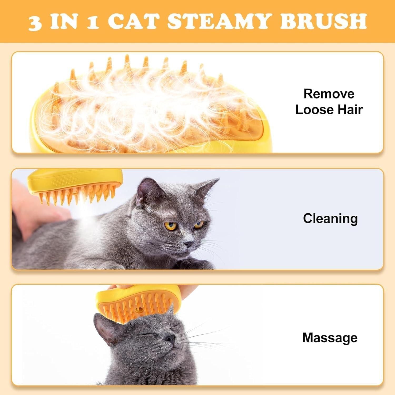 3 in 1 Cat Steamy Brush for removing loose hair, cleaning, and massaging your cat