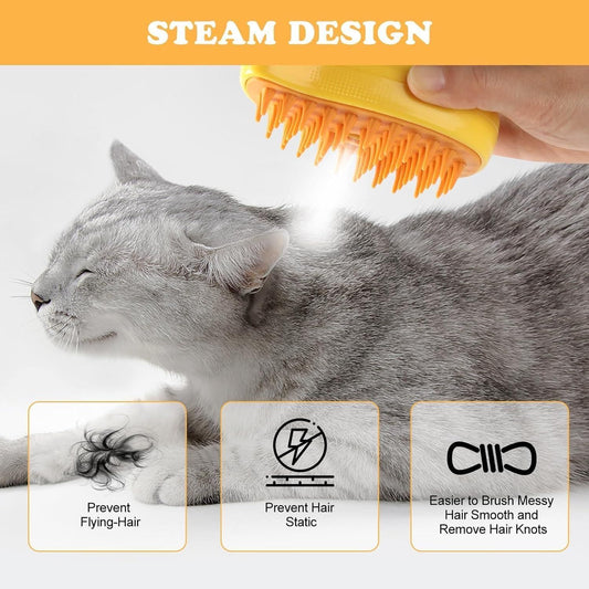 Steaming pet hairbrush with steam feature for removing knots and preventing static on cat's fur