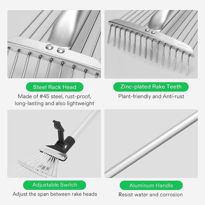 THE GIR FARMER garden rake with steel rack head zinc-plated teeth adjustable switch and aluminum handle best tool for cleaning garden leaves