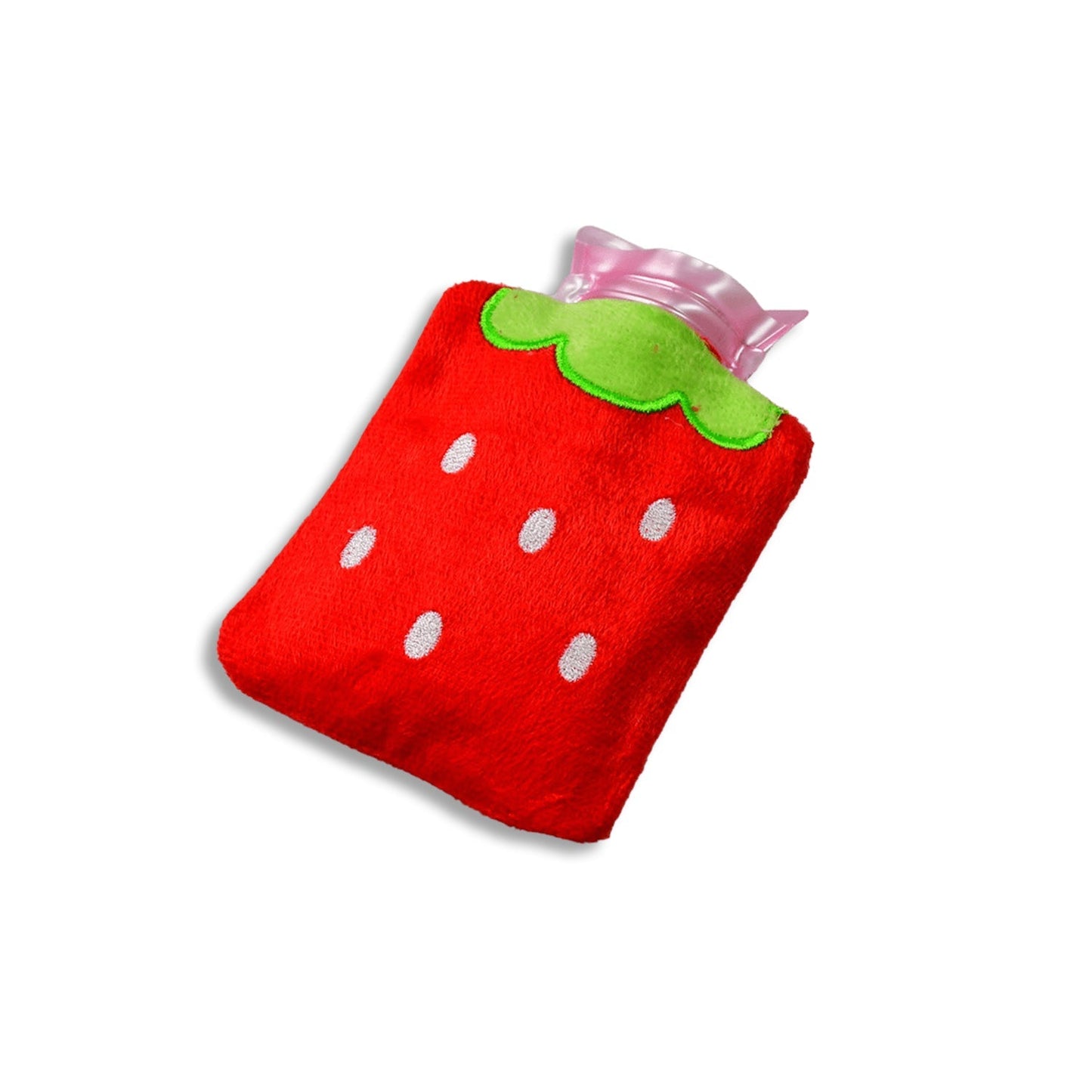 Strawberry mini hot water bag in red with green details for soothing warmth and comfort